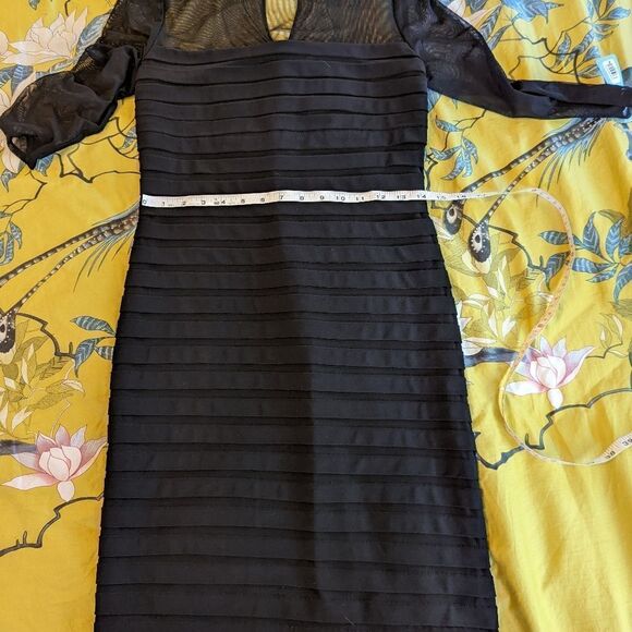 ADRIANNA papell bodycon stretch knit dress illusion mesh neckline black euc sz m - Picture 4 of 6